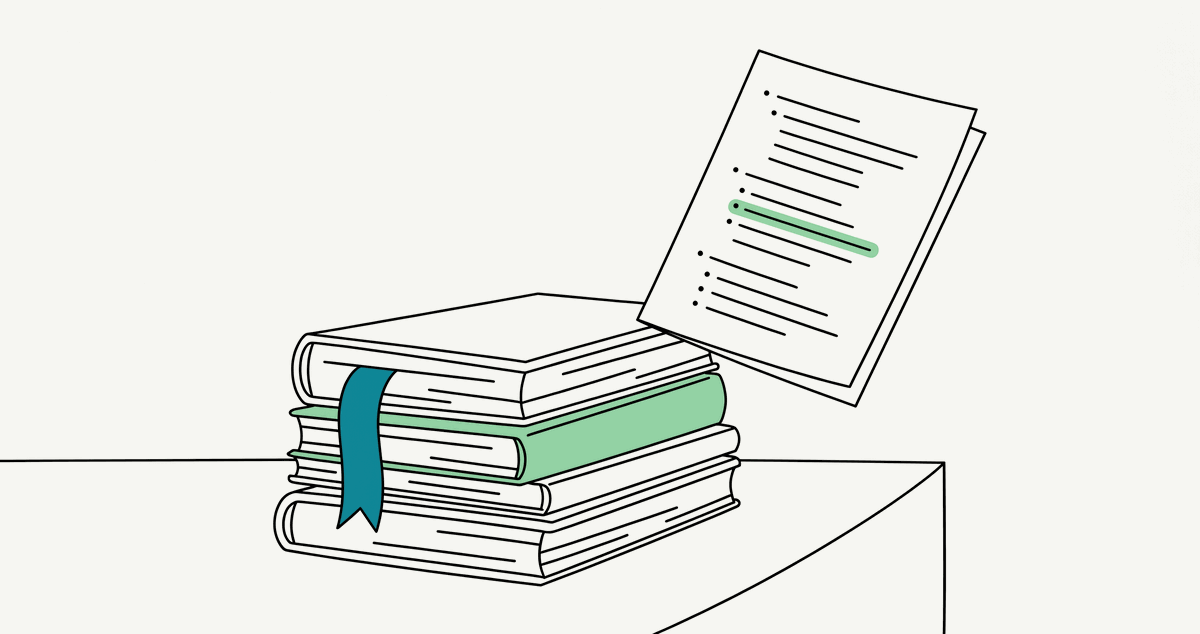 Illustrazione line art di una pila di libri accademici con segnalibro e indice della tesi
