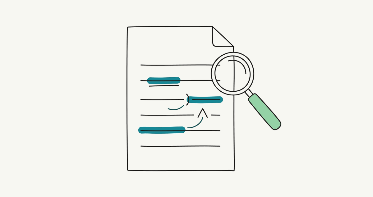 Illustrazione di una persona che controlla una tesi stampata con una penna rossa, accanto a un laptop con una checklist digitale