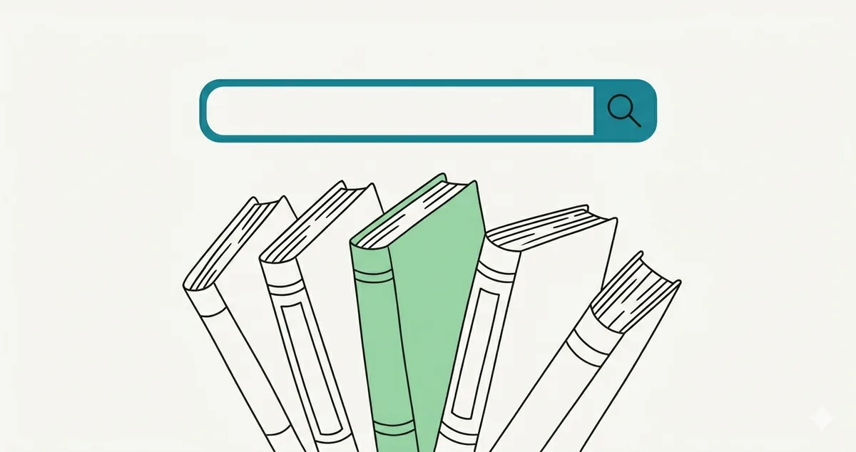 Illustrazione desk universitario con stack di articoli, lente d'ingrandimento su database, simboli di ricerca e organizzazione